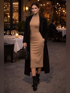 Zara Sleeveless Mock Neck Midi Dress in Camel